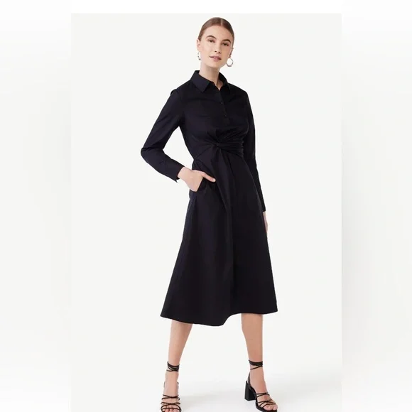 Poplin side knot midi long sleeve shirt dress - Picture 2 of 7